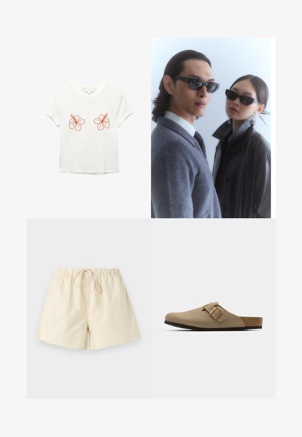 Weißes T-Shirt mit kurzen Ärmeln, das zwei orangegestickte Hibiskusblüten auf der Vorderseite zeigt. Weicher Stoff mit lockerer Passform und Rundhalsausschnitt.; Beige Shorts mit elastischem Bund und Kordelzug, entspannter Schnitt und glatter Textur. Keine sichtbaren Taschen oder Muster.; Beige Clogs mit einer abgerundeten Zehenpartie, verstellbarem Schnallenakzent und Korkfußbett. Strukturierte Oberfläche mit einer schwarzen Gummisohle für besseren Halt.; Sonnenbrille mit eckigen schwarzen Rahmen, getragen von einem Modell mit einem grauen Pullover, der ein strukturiertes Strickmuster zeigt, sowie einer schwarzen Lederjacke, die von einem anderen Modell getragen wird.