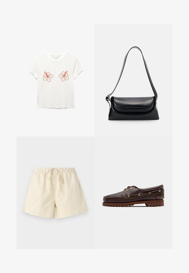 Valkoinen lyhythihainen t-paita, jossa on edessä kaksi oranssia brodeerattua hibiskusta. Pehmeää kangasta, rento istuvuus ja pyöreä kaula-aukko.; Beige shorts dengan pinggang elastis dan tali serut, memiliki potongan yang santai dan tekstur yang halus. Tidak memiliki saku atau pola yang terlihat.; Ruskeaharmaat nahkaiset venesandaalit kultaisilla silmärei'illä, pyöreällä nauhalla ja teksturoidulla ruskealla kumipohjalla. Sisältää kirjontayksityiskohtia ja kohotetun logon.; Musta nahkainen käsilaukku, jossa on jämäkkä muoto, sileä pinta ja yksi olkahihna. Sisältää hienovaraisen, pyöristetyn läppädesignin.