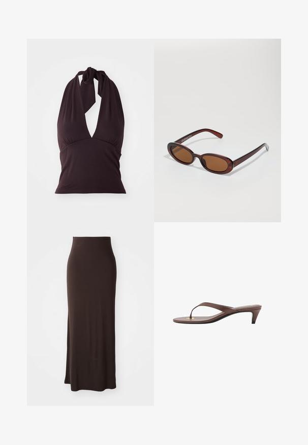 Halterneck top in dark purple, made from smooth fabric. Features a deep V-neck and gathered detailing below the bust. Ties at the neck.; Long, fitted brown skirt made of smooth, stretchy fabric with a high waist and a side slit, offering a sleek silhouette.; Brown heeled flip-flop sandal with a slender strap and rounded toe post, featuring a small gold accent on the footbed.; Round, brown-tinted sunglasses with a glossy burgundy frame. Slim arms with subtle branding detail. Flat lens design.; Brown leather handbag with a curved shape, silver hardware, and two zippered pockets on the front. Adjustable shoulder strap included.