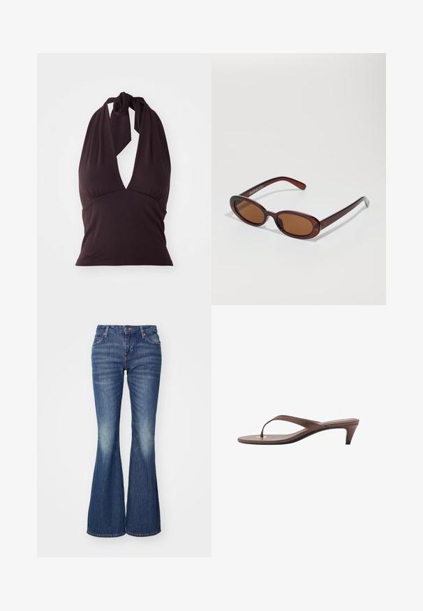 Top halter dans un violet foncé, en tissu lisse. Présente un décolleté en V profond et des détails froncés sous la poitrine. Se noue autour du cou.; Jean bleu évasé en denim avec un effet délavé, présentant des poches classiques et une fermeture à un bouton.; Sandale à talons brune avec une fine lanière et un entre-doigts arrondi, arborant un petit accent doré sur le semelage.; Lunettes de soleil rondes teinte brun avec une monture bordeaux brillante. Branches fines avec un détail de marque subtil. Design de verres plats.; Sac à main en cuir marron avec une forme courbée, matériel en argent et deux poches zippées à l'avant. Bandoulière réglable incluse.