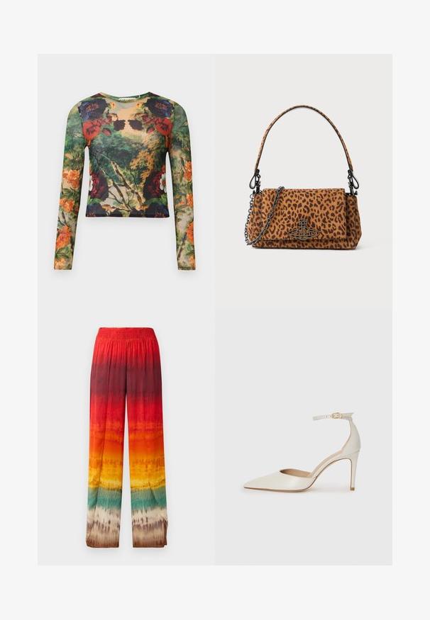 Langærmet, cropped top lavet af gennemsigtigt stof, der har et farverigt blomstermotiv i nuancer af grøn, rød, orange og sort.; Bredde bukser med et gradientdesign i rød, orange, gul og grøn. Fremstillet af et glat, let stof med en elastisk talje.; Hvide læder højhælede sko med spids tå, ankelrem og en slank stiletto-hæl. Glat tekstur med subtilt glansfuld finish.; Leopardprint håndtaske lavet af suedeskind med et kort håndtag, en kædestrop og en spænde i sort metal. Firkantet form med klaplukning.