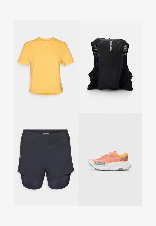 Yellow short-sleeve T-shirt with a round neckline, made of soft fabric. Features a subtle logo at the chest and a straight hem.; Dark gray athletic shorts with an inner tight liner, featuring a textured finish and the "Salomon" logo on the side.; Orange and pink running shoe with mesh upper, white midsole, Vibram outsole, and light blue accents. Features HOKA branding on the side.; Black running vest with mesh side pockets, reflective accents, and a front zip pocket. Lightweight fabric designed for comfort and breathability.