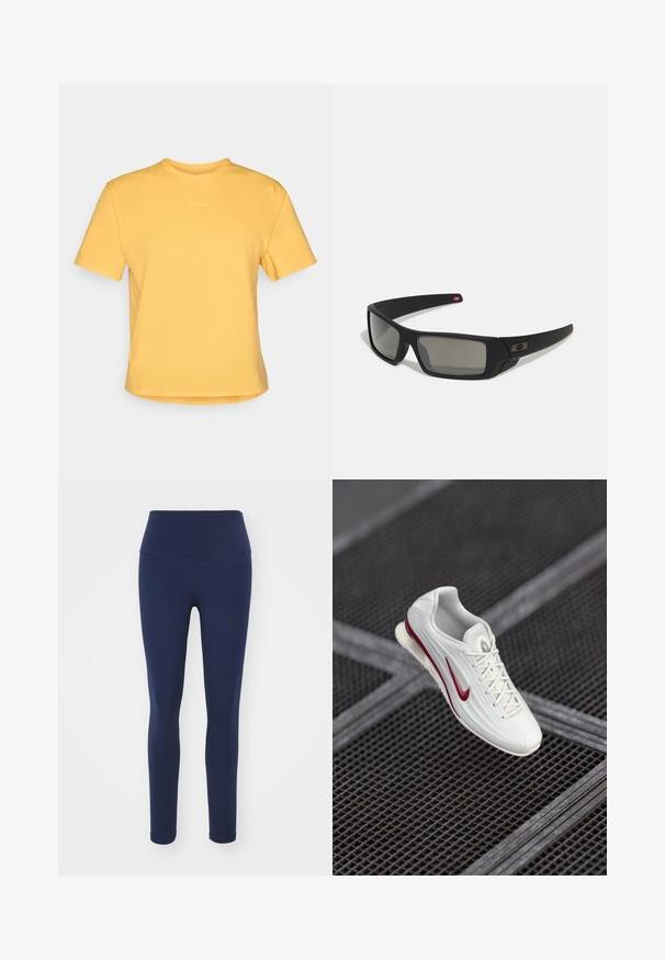 Żółta koszulka z krótkim rękawem o okrągłym dekolcie, wykonana z miękkiego materiału. Posiada subtelne logo na piersi oraz prosty dół.; Granatowe legginsy z elastycznego materiału z wysokim stanem, zaprojektowane z myślą o komforcie i dopasowanej sylwetce. Gładka tekstura, bez widocznych wzorów.; Białe buty sportowe z teksturowaną powierzchnią, z czerwonym akcentem w postaci logo, sznurowanym zapięciem i amortyzowaną podeszwą, zawieszone nad tłem w kratkę.; Czarne okulary przeciwsłoneczne z matowym wykończeniem, prostokątne soczewki, lekko wygięte zauszniki, subtelny detal z logo oraz szkła w odcieniu dymnym.