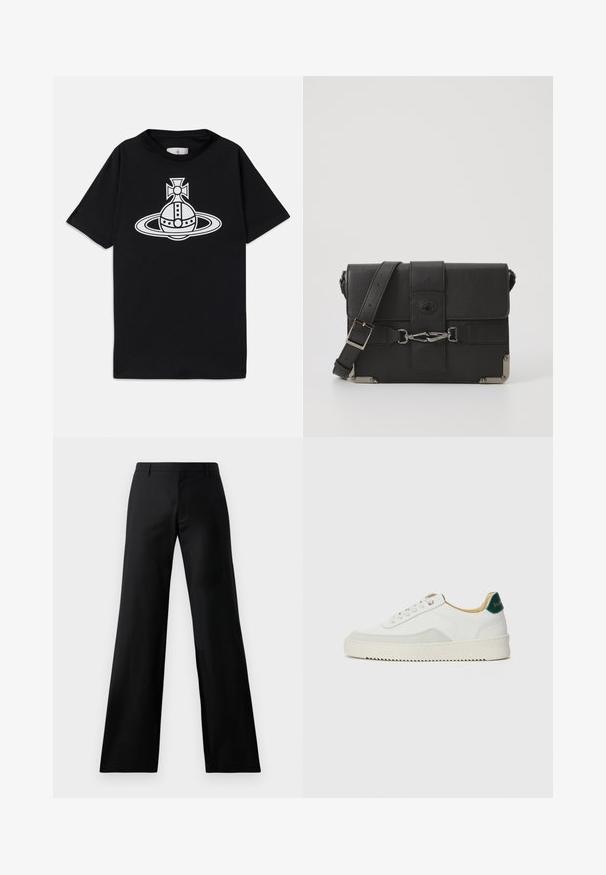 Fekete pamut póló, rövid ujjakkal, fehér grafikai tervezéssel, amely egy gyűrűs bolygót és a tetején egy keresztet ábrázol.; Fekete, bő szabású nadrág sima anyagból. Közepes magasságú derékrésszel és elülső redőkkel rendelkezik, amely testre szabott sziluettet biztosít.; Fehér sneaker suédé részletekkel, kerek orral, lapos fűzőkkel és krémszínű gumitalppal. Zöld logó található a sarkán.; Fekete bőrmessenger táska texturált felülettel, fém kiegészítők, állítható vállpánt és csattal záródó fedél.