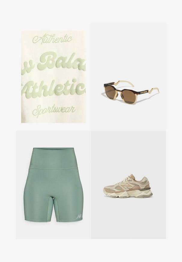 Cream-colored fabric with raised pale green text reading "Authentic," "Balanco," "Athletic," and "Sportswear."; High-waisted athletic shorts in a muted green color. Made of smooth, stretchy material with flat seams and a reflective logo accent.; Beige athletic sneakers with mesh and suede materials, rounded toe, thick sole, and notable reflective accents on the side.; Brown, round sunglasses with a tortoiseshell and clear light yellow frame, angular arms, and textured detailing on the temples.