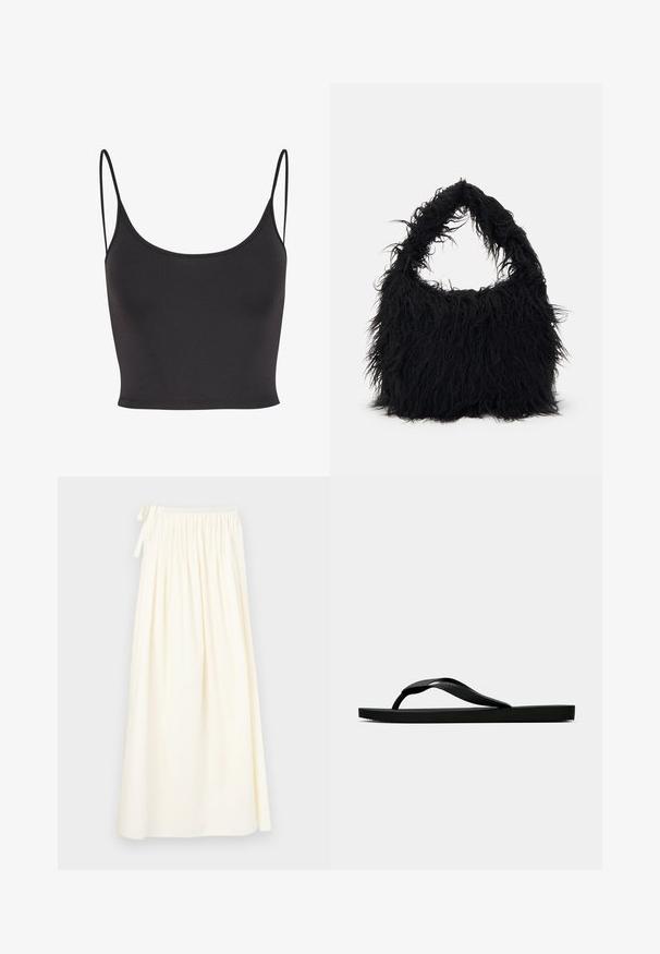 Černý, bezrukávový crop top z hladkého materiálu. Má tenké ramínka a kulatý výstřih, s přiléhavým střihem.; Dlouhá sukně krémové barvy vyrobená z lehkého materiálu; má elastický pas se šňůrkou a splývavý design s minimální texturou.; Černé gumové žabky s texturovaným páskem a jednoduchou plochou podrážkou, zobrazené z boku na světlém pozadí.; Even&Odd Velká kabelka - black