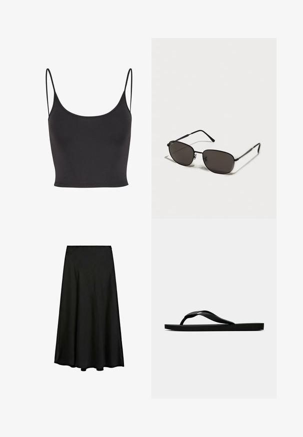 Černý, bezrukávový crop top z hladkého materiálu. Má tenké ramínka a kulatý výstřih, s přiléhavým střihem.; Černá maxi sukně vyrobená z hladkého materiálu, s A-liniovým střihem a volným designem, který sahá až k kotníkům, s čistým lemem.; Černé gumové žabky s texturovaným páskem a jednoduchou plochou podrážkou, zobrazené z boku na světlém pozadí.; Černé sluneční brýle s oválnými rámy, tmavými skly, štíhlými nohami a nenápadným logem na levém skle. Elegantní, minimalistický design.