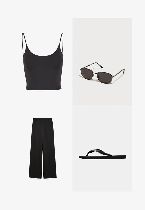 Zwarte, mouwloze crop top van gladde stof. Heeft dunne spaghetti-bandjes en een ronde halslijn, met een getailleerd ontwerp.; Zwarte wijde broek gemaakt van zachte stof met een elastische tailleband. Heeft een strakke uitstraling en een gladde textuur, zonder zichtbare accenten of patronen.; Zwarte rubberen flip-flop sandaal met een getextureerde strap en een eenvoudige platte zool, zijaanzicht op een effen lichte achtergrond.; Zwarte metalen zonnebril met ovale monturen, donkere lenzen, slanke tempels en een subtiel logo op de linkerlens. Elegant, minimalistisch ontwerp.