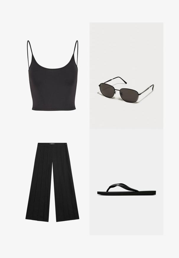Svart, ärmlös crop-top i slät tyg. Har tunna axelband och rundad halsringning, med en figurnära design.; Svarta vida byxor har ett högt midjeband med veck, slät textur och en minimalistisk design. Dragkedja på sidan.; Svart gummislip-in sandal med ett texturerat rem och enkel platt sula, visas från sidan på en enkel ljus bakgrund.; Svarta metallsolglasögon med oval form, mörka linser, smala skalmar och en subtil logotyp på vänster lins. Elegant och minimalistisk design.