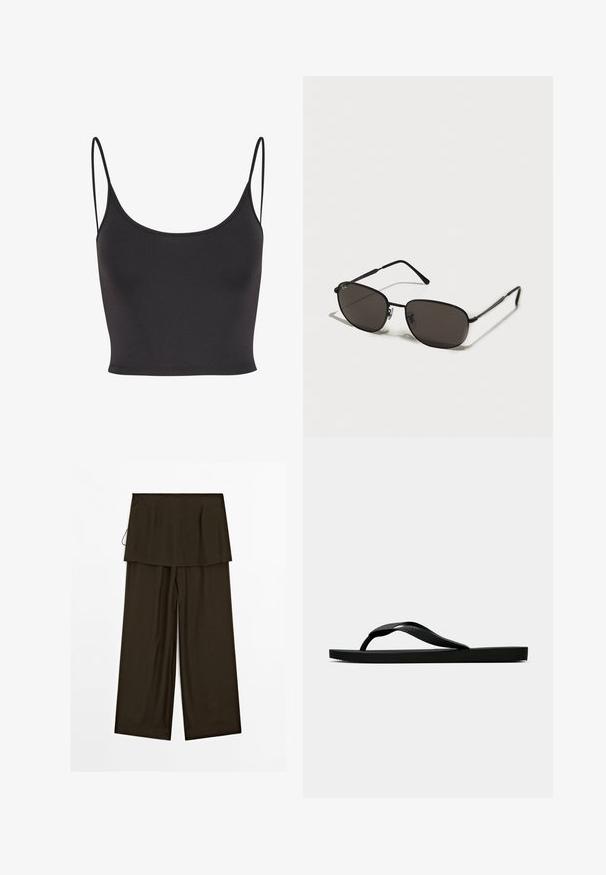 Schwarzes, ärmelloses Crop-Top aus glattem Stoff. Hat dünne Spaghetti-Träger und einen runden Halsausschnitt, mit einer taillierten Passform.; Weite Hosen aus dunkelbraunem Stoff mit einem geschichteten Taillendesign. Sanfte Textur, klare Linien und eine lockere Passform. Kein sichtbares Zubehör.; Schwarze Gummi-Flip-Flop-Sandale mit einem strukturierten Riemen und einfacher flacher Sohle, von der Seite auf einem schlichten hellen Hintergrund dargestellt.; Schwarze Metal-Sonnenbrille mit ovalen Rahmen, dunklen Gläsern, schlanken Bügeln und einem dezenten Logo auf dem linken Glas. Elegantes, minimalistisches Design.