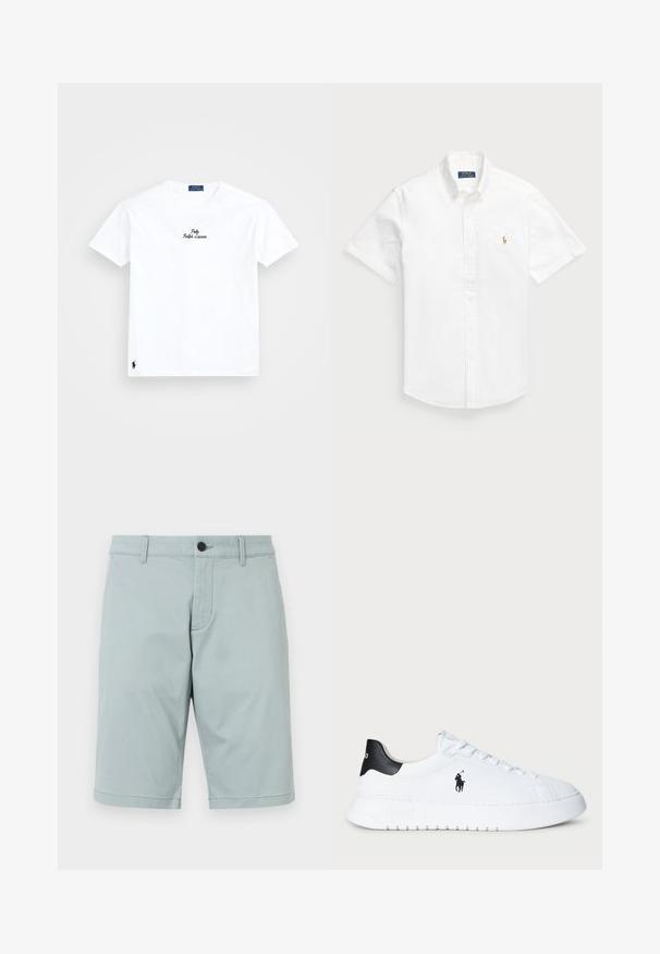 Valkoinen puuvillapaita, jossa on pyöreä kaula-aukko, lyhyet hihat, musta brodeerattu "Polo Ralph Lauren" -logo rinnassa ja pieni musta logo helma.; Valkoinen lyhythihainen napitettava paita, joka on valmistettu puuvillasta ja jossa on terävä kaulus. Paidassa on pieni kirjailtu logo vasemmassa rinnassa.; Vaaleansiniset shortsit, jotka on valmistettu sileästä kankaasta, jossa on tasainen etuosa, kaksi sivutaskua ja yksi napin kiinnitys. Siisti, muotoiltu design.; Valkoiset matalat tennarit, joissa musta kantapää ja musta Polo Ralph Lauren -logo sivulla, varustettuna valkoisilla nauhoilla ja paksulla kumipohjalla.