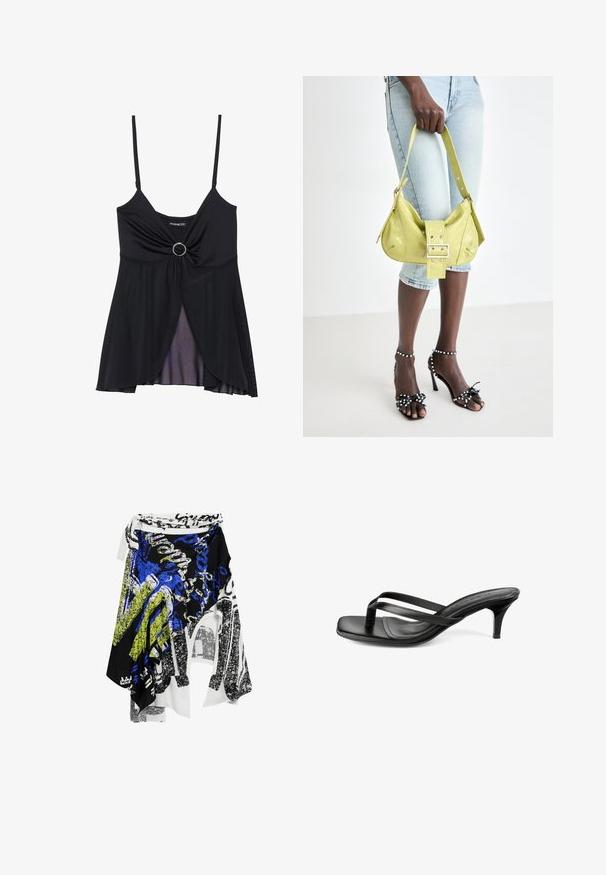 Schwarzes Trägershirt mit dünnen Trägern, einem gedrehten Knotendesign mit einem zentralen Ringakzent und einem transparenten, geschichteten Saum. Hergestellt aus leichtem Stoff.; Desigual ASYMMETRIC - Maxirock - black; Schwarze Lederzehentrenner mit dünnen, gekreuzten Riemen, eckiger Zehenpartie, gepolsterter Innensohle und niedrigem Stiletto-Absatz auf weißem Hintergrund.; Gelbe perforierte Handtasche mit einer Schnallendetail und verstellbarem Träger, kombiniert mit Jeansshorts und schwarzen High-Heelsandalen mit Schleifen.