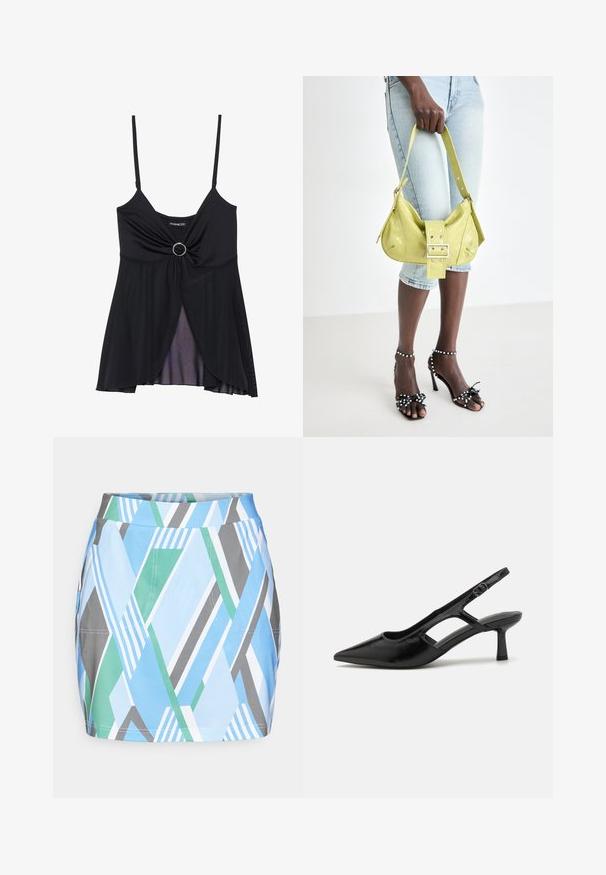 Black camisole featuring thin straps, a twisted knot design with a central ring accent, and a sheer layered hem. Made of lightweight fabric.; Short, colorful skirt with geometric patterns in blue, green, and gray. Features a fitted waist and straight cut design.; Black slingback heels with a pointed toe, made of glossy material, featuring cut-out accents and a moderate heel for support.; Yellow perforated handbag with a buckle detail and adjustable strap, paired with denim shorts and black high-heeled sandals with bows.