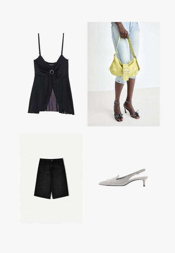 Black camisole featuring thin straps, a twisted knot design with a central ring accent, and a sheer layered hem. Made of lightweight fabric.; Black denim shorts with a relaxed fit, featuring a traditional waistband, front pockets, and a straight cut ending just above the knee.; Slingback heels in light gray leather with pointed toe, perforated accents, and a small decorative fringe detail. 3-inch heel.; Yellow perforated handbag with a buckle detail and adjustable strap, paired with denim shorts and black high-heeled sandals with bows.