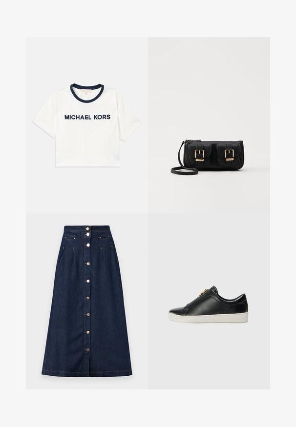Izgriezta balta T-kreklu ar tumši zilu apkakli, ar uzrakstu "MICHAEL KORS", kas drukāts tumši zilā krāsā. Izgatavots no maiga kokvilnas materiāla ar īsām piedurknēm.; Denim midi svārki, tumši zili, ar pogu aizdari priekšpusē, divām kabatām un zelta tonis detaļām. Taisna piegriezuma ar vieglu izplešanos.; Melnas ādas slīdētājzābaki ar izceltiem šuvēm, sudraba aparatūras detaļām augšpusē un baltu gumijas zoli ar izceltiem zīmola elementiem.; Melnas ādas crossbody soma ar divām priekšējām kabatām, zelta sprādzēm, ar rāvējslēdzēju aizdari un šauru siksnu. Strukturēta virsma un kompakta taisnstūra forma.