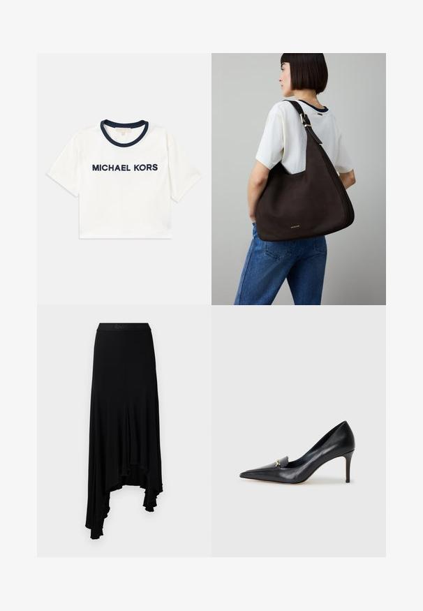 Cropped white t-shirt with navy neckline, featuring "MICHAEL KORS" printed in navy. Made from soft cotton with short sleeves.; Black asymmetric skirt with a wavy hemline, made from soft, stretchy material, featuring a wide waistband with embossed branding.; Black leather pump with a pointed toe, low-cut vamp, and a decorative gold accent. Features a stiletto heel and smooth texture.; Dark brown leather handbag with a triangular shape, sleek design, gold hardware accents, and a wide shoulder strap.
