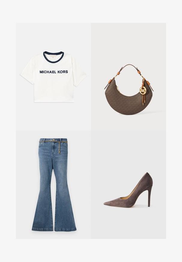 Beskåret hvid t-shirt med marineblåt halsudskæring, der har "MICHAEL KORS" trykt i marineblå. Lavet af blødt bomuld med korte ærmer.; Flared blå jeans i mellemvasket denim, med en guldkæde detalje i taljen og standard fem-lomme design.; Grå ruskind stiletter med spids tå og en slank silhuet. Har en glat overflade og en smal hæl for et moderne udseende.; Brun halvmåneformet håndtaske med tan læderrem, guldfarvet hardware og cirkulært MK-logo charm hængende på siden.