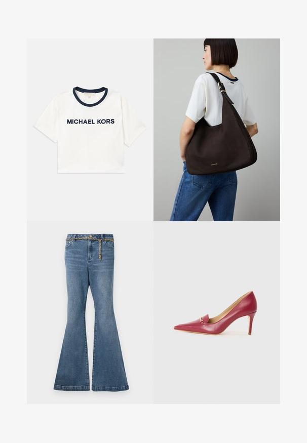 Beskåret hvid t-shirt med marineblåt halsudskæring, der har "MICHAEL KORS" trykt i marineblå. Lavet af blødt bomuld med korte ærmer.; Flared blå jeans i mellemvasket denim, med en guldkæde detalje i taljen og standard fem-lomme design.; Rød læder højhælet sko med spids tå og glat overflade, der har en lille flap og detaljer i guld på forfod.; Mørkebrun læderhåndtaske med trekantet form, strømlinet design, gyldne hardware-detaljer og en bred skulderrem.