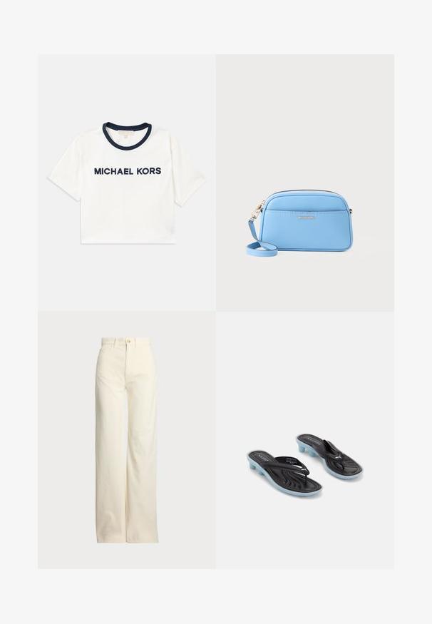 Przycięta biała koszulka z granatowym dekoltem, z napisem "MICHAEL KORS" drukowanym w granacie. Wykonana z miękkiej bawełny, z krótkimi rękawami.; Polo Ralph Lauren - Spodnie materiałowe; Czarne i niebieskie klapki Puma z niskimi obcasami blokowymi i paskami w kształcie litery V na białym tle.; Jasnoniebieska skórzana torebka na ramię z złotymi akcentami, zamknięciem na zamek błyskawiczny i przednią kieszenią. Posiada regulowany pasek dla wygody.