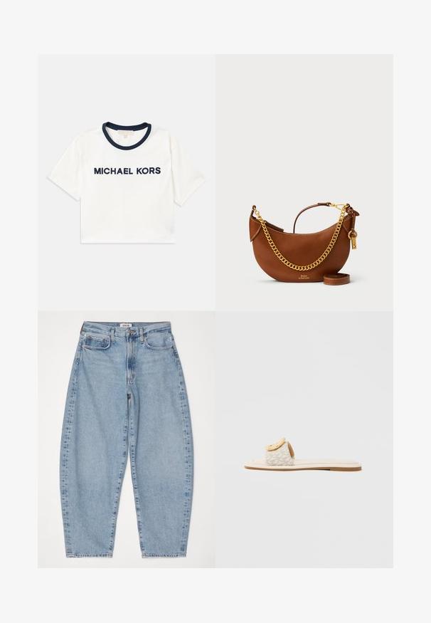 Przycięta biała koszulka z granatowym dekoltem, z napisem "MICHAEL KORS" drukowanym w granacie. Wykonana z miękkiej bawełny, z krótkimi rękawami.; Agolde - Jeansy Relaxed Fit; Klapek z beżowym paskiem z geometrycznym wzorem, zaokrąglonym żółtym akcentem na górze oraz płaską, jasną podeszwą.; Brązowa skórzana torebka o zaokrąglonym kształcie, z złotym łańcuszkiem, wewnętrzną kieszenią oraz odczepianym paskiem na ramię. Posiada kontrastowe przeszycia.