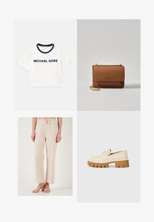 Strihané biele tričko s tmavomodrým výstrihom, na ktorom je v tmavomodrej farbe nápis "MICHAEL KORS". Vyrobené z mäkkej bavlny a s krátkymi rukávmi.; Bežové nohavice vo voľnom strihu s elastickým pásom a šnúrkou. Hladká textúra; široké nohavice. Spárované s sandálmi na remienky svetlej farby.; Beige mokasíny s textúrovaným krémovým popruhom, s masívnou hnedou podrážkou s tvarmi podobnými zubom. Zlatý akcent na detaile s prackou.; Hnedá textúrovaná kožená taška cez telo s zlatým reťazovým popruhom a preklopným uzáverom. Predná strana obsahuje detail s logom a vrecko pod preklopkou.