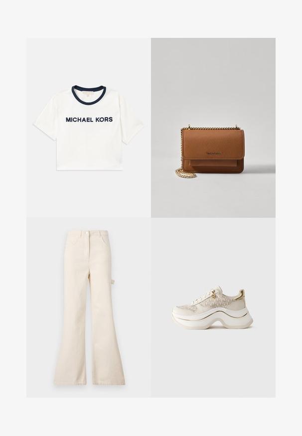 Beskuren vit t-shirt med marinblå krage, med "MICHAEL KORS" tryckt i marinblått. Tillverkad av mjukt bomull med korta ärmar.; Beige utsvängda jeans i bomull med hög midja, med knappstängning, fem fickor och en sidoknäppdetalj.; Beige och guldplattformssneakers med "MK"-mönster, snörning fram, guldcharm och tjock, vågig sula mot en enfärgad bakgrund.; Brun texturerad läder crossbody-väska med guldkedja och klaffstängning. Framsidan har logotypdetalj och en ficka under klaffen.