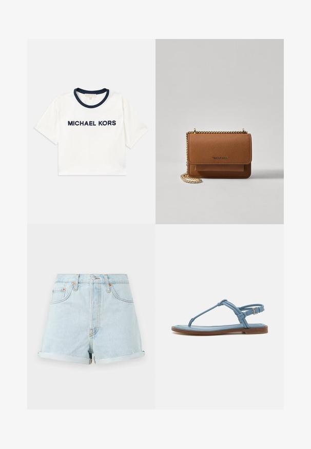 Camiseta branca cortada com decote azul-marinho, apresentando "MICHAEL KORS" impresso em azul-marinho. Feita de algodão macio com mangas curtas.; Calças de ganga de cor azul claro com uma cintura alta, punhos dobrados, rebites de cobre e um fecho éclair na parte da frente. Apresenta o clássico estilo de cinco bolsos.; Sandália de dedo em couro azul com sola plana, apresentando um design de tiras finas e fecho com fivela no tornozelo para um ajuste seguro.; Bolsa crossbody de couro texturizado castanho com alça de corrente dourada e fecho com aba. A parte da frente apresenta detalhe do logótipo e um bolso sob a aba.