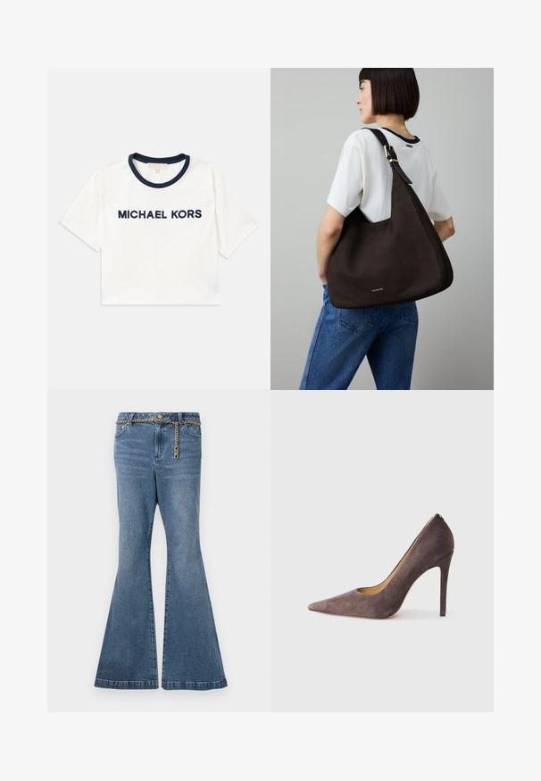 Cropped white t-shirt with navy neckline, featuring "MICHAEL KORS" printed in navy. Made from soft cotton with short sleeves.; Flared blue jeans in medium-wash denim, featuring a gold chain detail at the waist and standard five-pocket design.; Gray suede high-heeled pump with a pointed toe and a sleek silhouette. Features a smooth finish and a narrow heel for a modern look.; Dark brown leather handbag with a triangular shape, sleek design, gold hardware accents, and a wide shoulder strap.