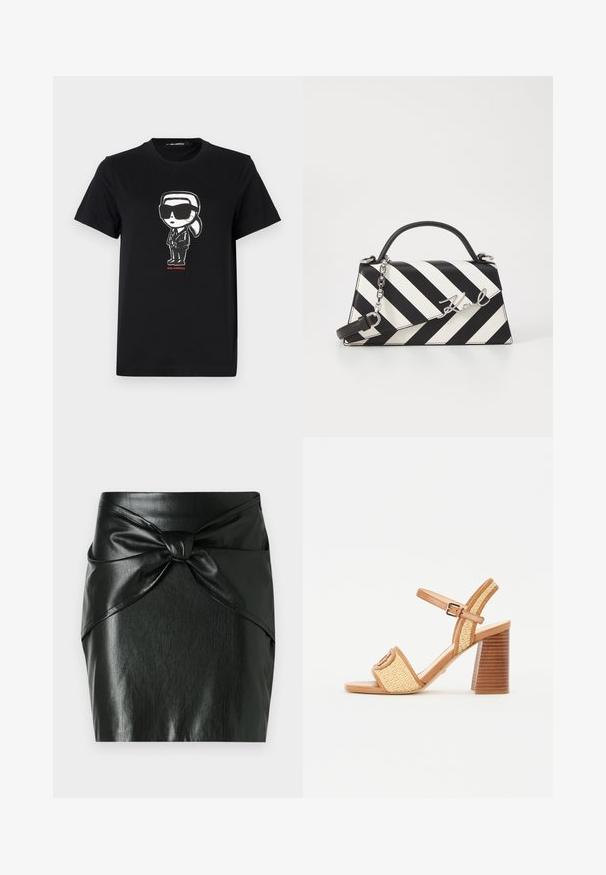 Crna pamučna majica s grafikom figure u naočalama i odijelu. Jednostavan dizajn s okruglim izrezom i kratkim rukavima. Crveni natpis ispod.; Crna suknja od umjetne kože s visokim strukom i velikim čvorom na prednjem središtu.; Smeđe kožne sandale s petom od pletene slame, koje imaju remen za gležanj, otvoreni vrh i masivnu drvenu petu s horizontalnim prugama.; Crno-bijela prugasta torba s čvrstim oblikom, koja ima ručku na vrhu, odvojivu lančanu naramenicu i metalni logo akcent.