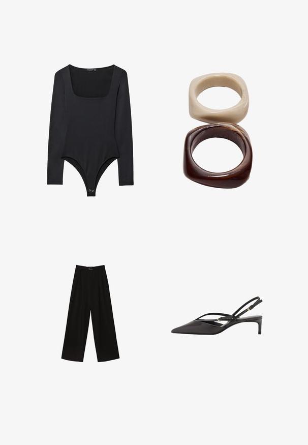 Czarny body z długimi rękawami, o kwadratowym dekolcie i zapięciu na zatrzaski w okolicy krocza, leży płasko na białym tle.; Czarne szerokie spodnie o wysokim stanie, z paskiem w talii i fałdami dla uzyskania faktury. Wykonane z gładkiego, lekkiego materiału.; Czarne skórzane czółenka na odkrytej pięcie z szpiczastym noskiem, smukłymi paskami wokół kostki i niskim obcasem w kształcie stiletto. Gładka tekstura z minimalistycznym wzornictwem.; Stradivarius SET ciemnobrązowy
