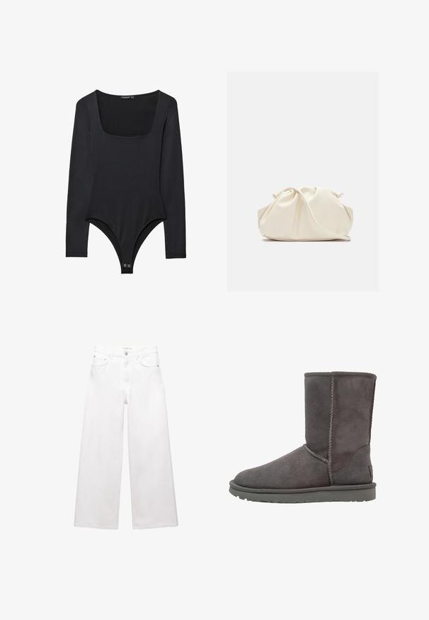 Czarny body z długimi rękawami, o kwadratowym dekolcie i zapięciu na zatrzaski w okolicy krocza, leży płasko na białym tle.; Białe dżinsy o szerokich nogawkach wykonane z bawełny, z wysokim stanem, pięcioma kieszeniami oraz mosiężnymi detalami. Gładka, nieprzetarta faktura.; Szare zamszowe botki za kostkę z okrągłym noskiem, pionowymi szwami i płaską gumową podeszwą. Charakteryzują się prostym, zdobień pozbawionym designem.; Kremowa, miękka torba z sztucznej skóry o marszczonym wzorze, z regulowanym paskiem i subtelnym zapięciem na sznurek. Gładka faktura i zaokrąglony kształt.; Srebrne kolczyki w kształcie kropli z zaokrąglonymi, odbijającymi światło powierzchniami; minimalistyczny design z gładką fakturą i subtelnym detalem brandingowym.