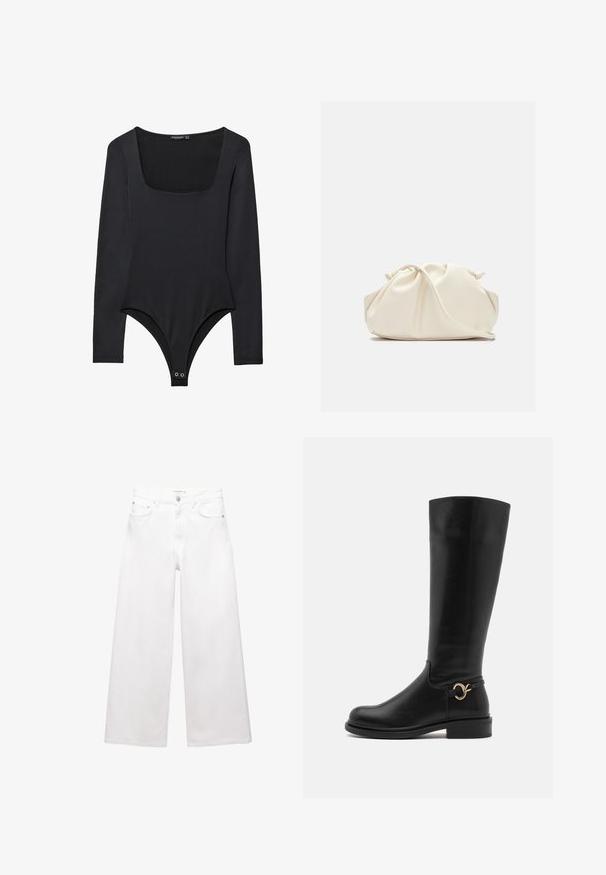 Svart långärmad bodysuit med fyrkantig halsringning och tryckknappar vid grenen, utlagd platt på en vit bakgrund.; Vita vida jeans i bomull med hög midja, fem fickor och detaljer i mässing. Slät, odistressad yta.; Anna Field Wide Fit Stövel - black; Krämfärgad, mjuk konstläderväska med rynkad design, justerbar rem och subtil dragsnörning. Slät textur och rund form.; Silverfärgade hängörhängen med rundade, reflekterande ytor; minimalistisk design med slät textur och subtilt varumärkesdetalj.