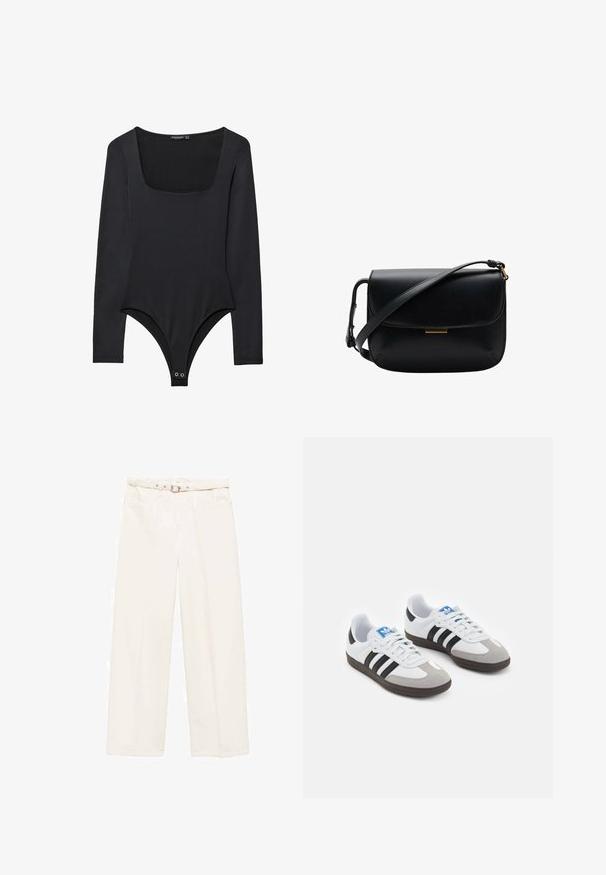 Zwarte langmouwen bodysuit met vierkante halslijn en drukknoopsluiting bij het kruis, plat gelegd op een witte achtergrond.; Brede witte katoenen broeken met een ceintuur in de taille, twee voorkwakken en een zachte textuur. Heeft een schone, minimale uitstraling.; Sportschoenen met een witte leren bovenkant, grijze suède neus en drie zwarte strepen. Bevat een blauw logo op de tong en een gestructureerde rubberen zool.; Zwarte leren schoudertas met een klep sluiting en een verstelbare schouderband, met een kleine rechthoekige gouden accent.