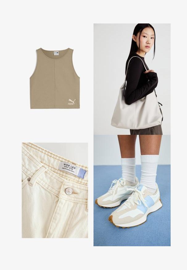 Top senza maniche beige con un motivo a coste testurizzato, collo rotondo e logo PUMA bianco sul lato anteriore in basso a sinistra.; Jeans a gamba larga e vita alta realizzati in morbido tessuto bianco sporco. Presentano cuciture cucite e un bottone in metallo con dettagli del marchio e etichetta.; Sneakers leggeri con un design beige e azzurro chiaro. Presentano materiali in suede e mesh, lacci bianchi e suola in gomma testurizzata.; Borsa a mano beige realizzata in materiale morbido, caratterizzata da un design morbido, dettagli cuciti e due manici. Adatta per l'uso quotidiano.