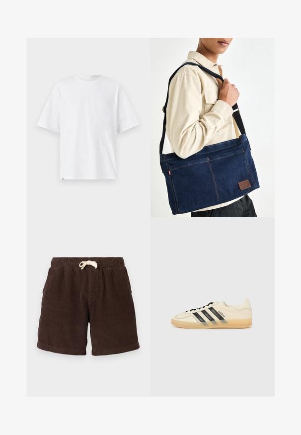 Balts kokvilnas T-krekls, īsām piedurknēm, apaļš kakla izgriezums, brīvs piegriezums, gluda tekstūra, nav redzamu rakstu vai akcentu, vienkāršs dizains.; Brūni korduroja šorti ar elastīgu jostasvietu, aukliņas aizdari un sānu kabatām. Audumam ir vertikāla ribošana un teksturēts apdare.; Gaiši krēms sporta apavi ar melnu trīs svītru dizainu, teksturētu augšējo daļu, noapaļotu purngaliem un gumijas zoli. Iespējas ietver auklas un zīmolu sānos.; Navy zils denima plecu soma ar bēša šuvēm, regulējamu siksnu un ādas uzšuvi. Tam ir priekšējais kabatiņš un izturīga konstrukcija.