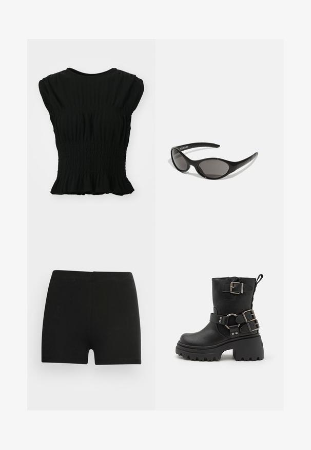 Zwarte top met korte mouwen, gemaakt van textuurstof, met geplooide ruches op de taille en een gerimpelde zoom. Ronde halslijn.; Zwarte katoenen shorts met een aansluitend ontwerp en een elastische tailleband. Glad textuur, midden-dij lengte en geen zichtbare patronen of accenten.; Zwarte leren enkellaars met een robuuste zool, gespsluiting en bandaccenten, en een gestructureerde afwerking. Voorzien van een trekstrip voor eenvoudig aan- en uittrekken.; Zwarte zonnebril met een ovale vorm en donkere lenzen. Slank plastic montuur met textuuraccenten op de armen. Merkaanduiding aan de zijkant.