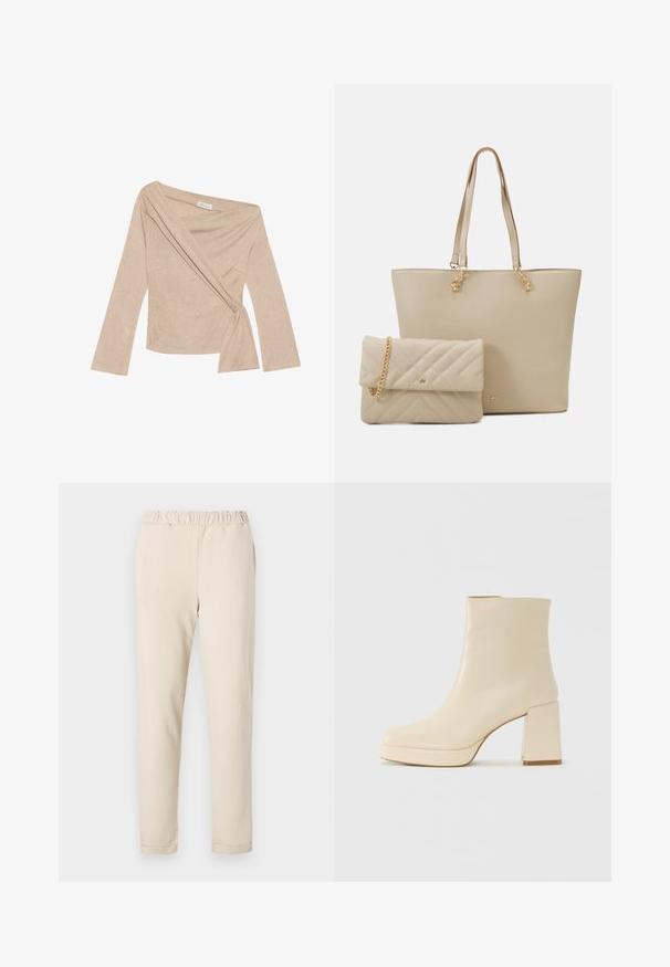 Beige lange mouw top met een wikkeldesign en strik in de taille. Gemaakt van ribstof, met een diepe halslijn en gestructureerde schouders.; Beige katoenen broeken met een gerimpelde tailleband, rechte pijpen en zonder zichtbare patronen, met een soepele textuur en een eenvoudige zoom.; Beige leren enkelboot met blokhak en plateauzool, gladde afwerking en licht vierkante neus, gericht naar links op een witte achtergrond.; Beige shoppers tas met platte handvatten, een gladde textuur en gouden accenten, gecombineerd met een bijpassende doorgestikte clutch met een kettingband.
