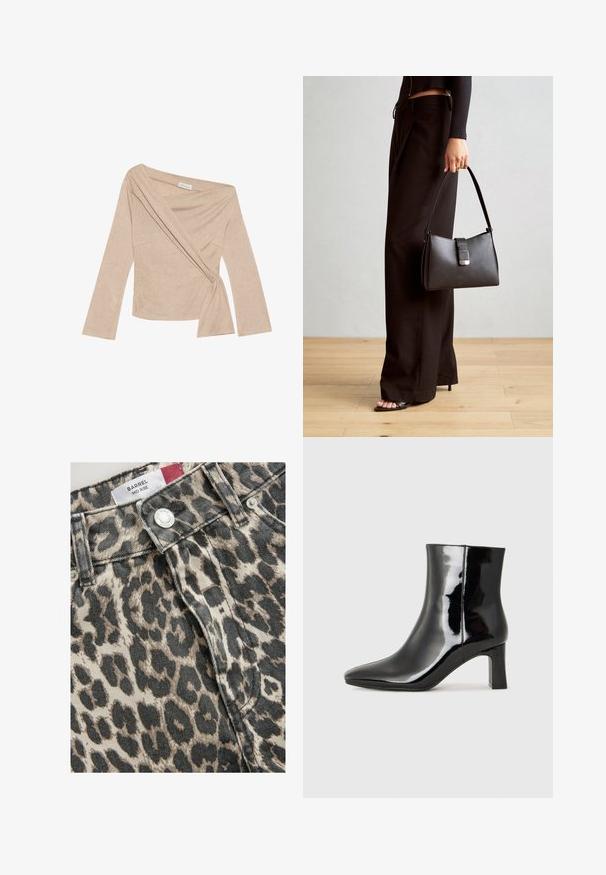 Beige langärmliges Oberteil mit Wickeldesign und Krawatte in der Taille. Hergestellt aus geripptem Stoff, mit tiefem Ausschnitt und strukturierten Schultern.; Mid-rise Jeans mit Leopardenmuster aus Denim, die eine Mischung aus Beige und Schwarz enthalten; mit einem Metallknopf und vorderem Verschluss.; Schwarzer Lackleder-Stiefelette mit spitzer Zehe und einem mittelhohen Blockabsatz. Glatte Textur und minimalistisches Design.; Schwarze Handtasche mit strukturierter Form, glatter Textur und einem metallischen Verschluss. Kombiniert mit weiten schwarzen Hosen und offenen Sandalen auf einem Holzboden.