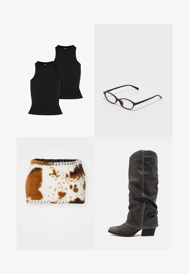 Schwarze gerippte Tanktops, eng anliegendes Design mit hohem Kragen und ärmellosem Stil. Die Textur wirkt dehnbar und glatt und weist eine schlichte Silhouette auf.; Braun-weißer Kuhhaut-gestreifter Stoff mit einer weichen Textur, versehen mit schwarzen Schnürdetails entlang der Kanten.; Graue Lederstiefel bis zur Wade mit einem lässigen Design, spitzer Zehenform und gestapelt Hohem Absatz. Auffällige Nähte im Bereich der Zehen.; Schwarze Kunststoffbrille mit ovaler Form, ausgestattet mit klaren Gläsern und einem lila Akzent auf dem linken Glas. Elegantes, minimalistisches Design.
