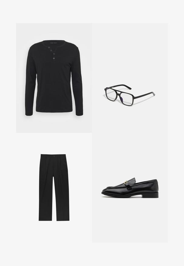 Schwarzes Langarm-Henley-Shirt aus weichem Stoff, mit knöpfbarer Leiste, rundem Ausschnitt und enganliegenden Ärmeln.; Schwarze Hose mit geradem Schnitt, aus einem glatten Stoff gefertigt. Verfügt über Vorderfalten und einen einzelnen Knopfverschluss an der Taille.; Schwarze Leder-Loafer mit abgerundeter Zehenpartie, gesteppten Akzenten, einem kleinen Absatz und einem goldenen Hardware-Detail am Riemen. Ganze Oberfläche mit glatter Textur.; Schwarze rechteckige Brille mit klaren Gläsern und einem dezenten lila Schimmer, ausgestattet mit schlanken Bügeln und einem minimalistischen Design.