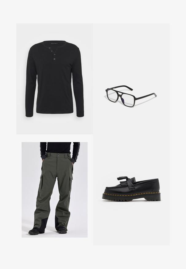 Czarna, długosleeveowa koszula henley wykonana z miękkiego materiału, z zapięciem na guziki, okrągłym dekoltem i dopasowanymi rękawami.; Slade COLORADO - Spodnie snowboardowe; Czarny skórzany mokasyn z frędzelkowymi akcentami, z masywną czarną podeszwą i żółtym przeszyciem wzdłuż krawędzi. Teksturowane wykończenie.; Czarne prostokątne okulary z przezroczystymi soczewkami i subtelnym fioletowym odcieniem, z eleganckimi zausznikami i minimalistycznym designem.