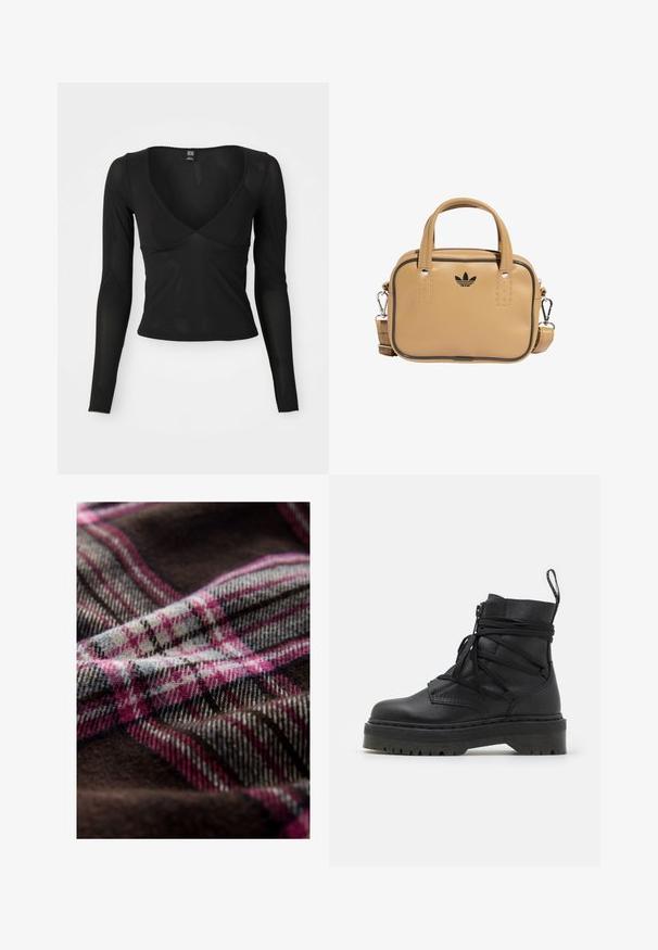 Schwarzes Langarmoberteil mit tiefem V-Ausschnitt, weichem, dehnbaren Stoff und gewellten Kanten an den Ärmeln und dem Saum.; Wollstoff mit braunem Grundton, versehen mit einem karierten Muster in Pink, Grau und Schwarz. Weiche Textur mit sichtbaren Fasern und detaillierter Webstruktur.; Schwarze Leder-Ankle-Boots mit einer massiven strukturierten Sohle, ausgestattet mit einem Reißverschluss, Schnürdesign und einer Ziehschlaufe an der Rückseite.; Beige veganes Lederhandtasche mit zwei Griffen, abnehmbarem Schultergurt, schwarzen Akzentnähten und einem kleinen schwarzen Logo auf der Vorderseite.