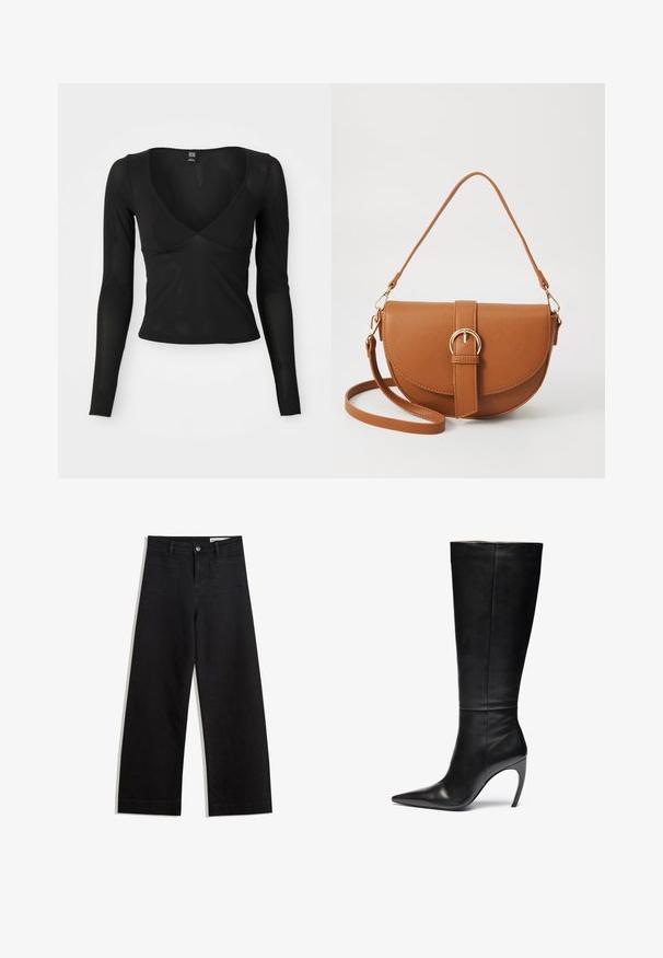 Zwarte langmouwen top met een diepe V-hals, zachte rekbare stof en geschulpte randen bij de mouwen en de zoom.; Zwarte denim broek met wijde pijpen en een hoge taille, voorzien van voor- en achterzakken, gestikte naden en een knoopsluiting. Gladde textuur.; Zwarte leren kniehoog laars met een spitse neus en hoge stilettohak; slank, gladde textuur met subtiele naden en geen zichtbare hardware.; Bruine leren schoudertas met een gebogen vorm, gouden hardware en een gespaccent. Bevat een afneembare schouderriem.
