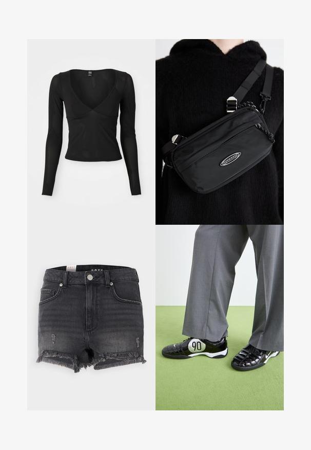 Schwarzes Langarmoberteil mit tiefem V-Ausschnitt, weichem, dehnbaren Stoff und gewellten Kanten an den Ärmeln und dem Saum.; Schwarze Jeans-Shorts mit fransigem Saum, used-Look und metallischem Knopfverschluss. Sie verfügen über ein klassisches Design und einen Fünf-Taschen-Stil.; Schwarze Lackledersneaker mit einem silbernen "90"-Detail, ausgestattet mit einer strukturierten Oberfläche und Schnürdesign, kombiniert mit grauen weit geschnittenen Hosen.; Schwarze Nylon-Crossbody-Tasche mit verstellbarem Gurt, ausgestattet mit einer glatten Textur, einer vorderen Reißverschlusstasche und einem Logo-Detail.