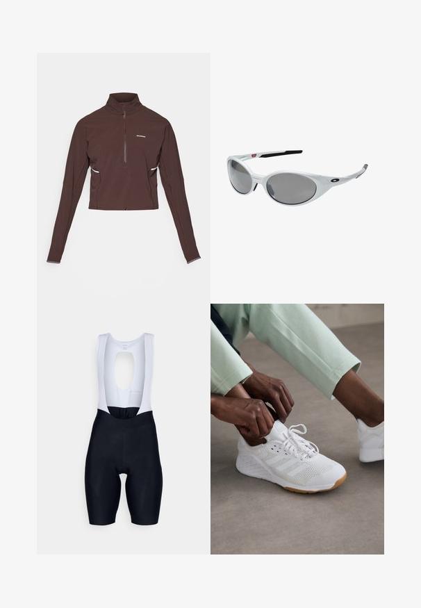 Tummanruskea pitkähihainen neljännesvetoketjullinen urheilupe Top, jossa on korkea kaulus, pieni valkoinen logo rinnassa ja hienovaraiset sivuyksityiskohdat.; Rapha WOMENS CORE - Olkaimelliset shortsit - black/white; Valkoinen urheilukenkä, jossa on verkkomateriaali päällä, kumiulkopohja ja kolme raitaa designissa. Nyörejä säädetään; vaaleanharmaita ja mintunvihreitä vaatteita näkyvissä.; Valkoiset muoviset aurinkolasit suurilla soikeilla linsseillä, harmaasävyiset. Varusteena mustat korvavarret ja pieni logo kehyksessä. Sileä pinta.; Mustat verkkomaiset juoksuliivit sivutaskuilla vesipulloja varten, säädettävillä nyöreillä ja kevyellä muotoilulla. Sisältää hengittävän kankaan.