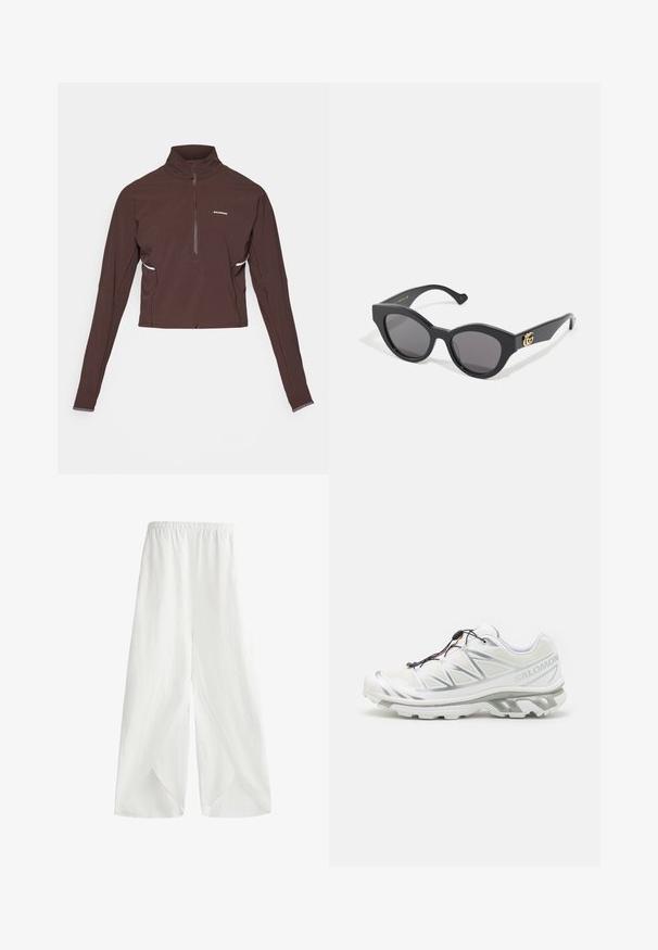 Tricou sport cu maneci lungi, de culoare maro închis, cu fermoar la gât, guler înalt, logo mic alb pe piept și detalii subtile pe lateral.; Pantaloni albi cu picioare largi, confecționați dintr-un material ușor, cu un talie elastică și slituri laterale pentru respirabilitate și ușurință în mișcare.; Pantofii sport albi cu un superior texturat, accente reflective și o talpă gri. Presenta modele triunghiulare accentuate și un sistem de șireturi rapide.; Ochelari de soare negri cu un design unghiular, în formă de ochi de pisică, cu lentile întunecate. Accente ale logo-ului aurit pe brățară. Ramă din plastic neted.; Vest de alergare din plasă neagră cu buzunare laterale pentru sticle de apă, șnururi ajustabile și un design ușor. Include țesătură respirabilă.