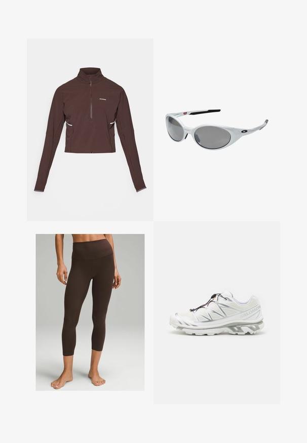 Dunkelbraunes Sportoberteil mit langen Ärmeln und Viertelreißverschluss, hohem Kragen, kleinem weißen Logo auf der Brust und subtilen Seitendetails.; lululemon Align™ High-Rise Crop 58" - Tights - espresso; Weißer Sportschuh mit strukturiertem Obermaterial, reflektierenden Akzenten und grauer Sohle. Verfügt über betonte dreieckige Muster und ein Schnellschnürsystem.; Weiße Kunststoff-Sonnenbrille mit großen, ovalen Gläsern in grauer Tönung. Verfügt über schwarze Ohrpolster und ein kleines Logo am Rahmen. Glatte Oberfläche.; Salomon ACTIVE SKIN 12 SET UNISEX - Trinkrucksack - black