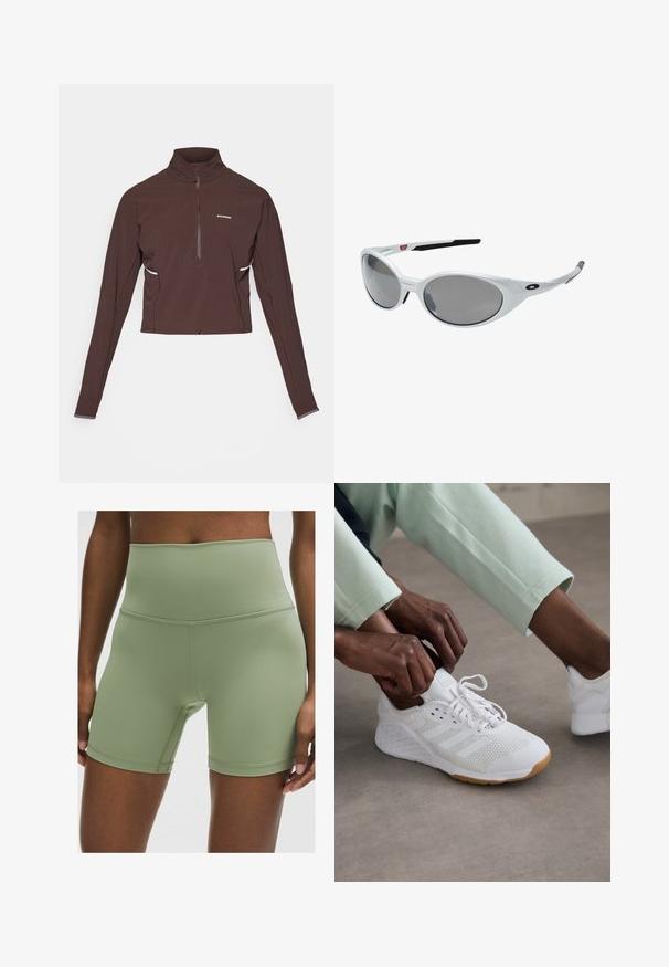 Tumši brūns garām piedurknēm sporta krekls ar ceturtdaļas rāvējslēdzēju, augstu apkakli, mazu baltu logotipu uz krūtīm un smalku sānu detalizāciju.; Augstas vidukļa, olīvu zaļas šorti, kas izgatavoti no gludas, elastīgas auduma. Īpašības ietver plakanas šuves un pieguļošu dizainu komfortam un elastībai.; Baltas sporta apavi ar acs audumu, gumijas zoli un trim svītrām dizainā. Šņores tiek regulētas; redzams gaiši pelēks un piparmētru zaļš apģērbs.; Baltas plastmasas saulesbrilles ar lieliem ovālas formas lēcām, pelēks toņos. Tām ir melni auss turētāji un neliela logo uz rāmja. Gluda apdare.; Melnā mežģīņu sporta veste ar sānu kabatām ūdens pudelēm, ar regulējamiem aukliņām un vieglu dizainu. Iezīmējas ar elpojošu audumu.