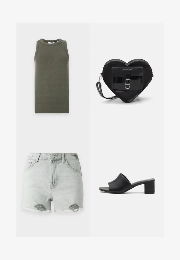 Top sin mangas de color verde oliva, hecho de tela acanalada. Presenta un escote redondo y dobladillo recto. Etiqueta de marca visible en el interior.; Shorts de mezclilla gris claro con una cintura alta, detalles desgastados y dobladillos deshilachados, y dos bolsillos frontales. La tela parece suave y usada.; Mulas de tacón cuadrado de cuero negro con punta abierta, que presentan una superficie lisa y una parte superior ligeramente curvada para mayor comodidad y estilo.; Bolso negro con forma de corazón, hecho de cuero ecológico, con un bolsillo frontal que presenta un cierre de hebilla y una correa desmontable. Detalles en metal plateado.