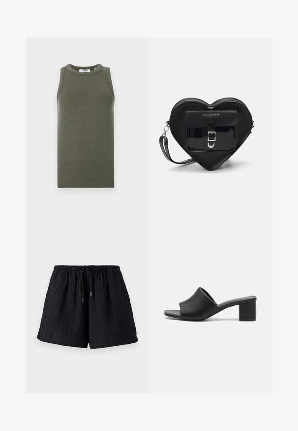 Top fără mâneci, de culoare verde măsliniu, realizat dintr-un material cu nervuri. Prezintă o guler rotund și o margine dreaptă. Eticheta brandului este vizibilă în interior.; Pantaloni scurți din bumbac negri cu o finisare texturată, zdruncinată. Au un talie elastică și un șnur reglabile pentru confort și ajustare.; Mule-uri negre din piele cu toc pătrat, cu vârful deschis, având o suprafață netedă și o parte superioară ușor curbată pentru confort și stil.; Geantă de formă inimă, de culoare neagră, realizată din piele lacuită, cu un buzunar frontal dotat cu închidere prin cataramă și o curea detașabilă. Accente din metal argintiu.